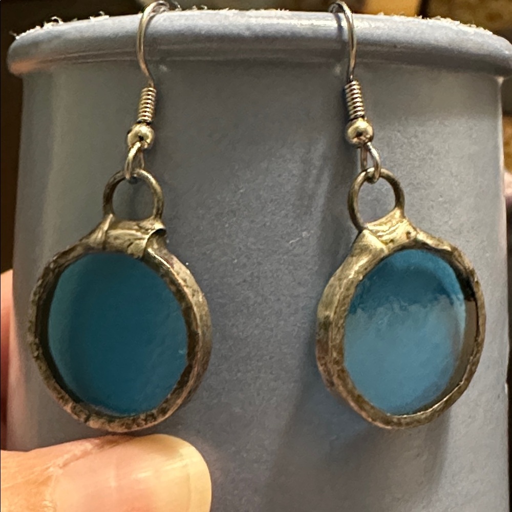 Silver and Blue  Stained Glass Earrings